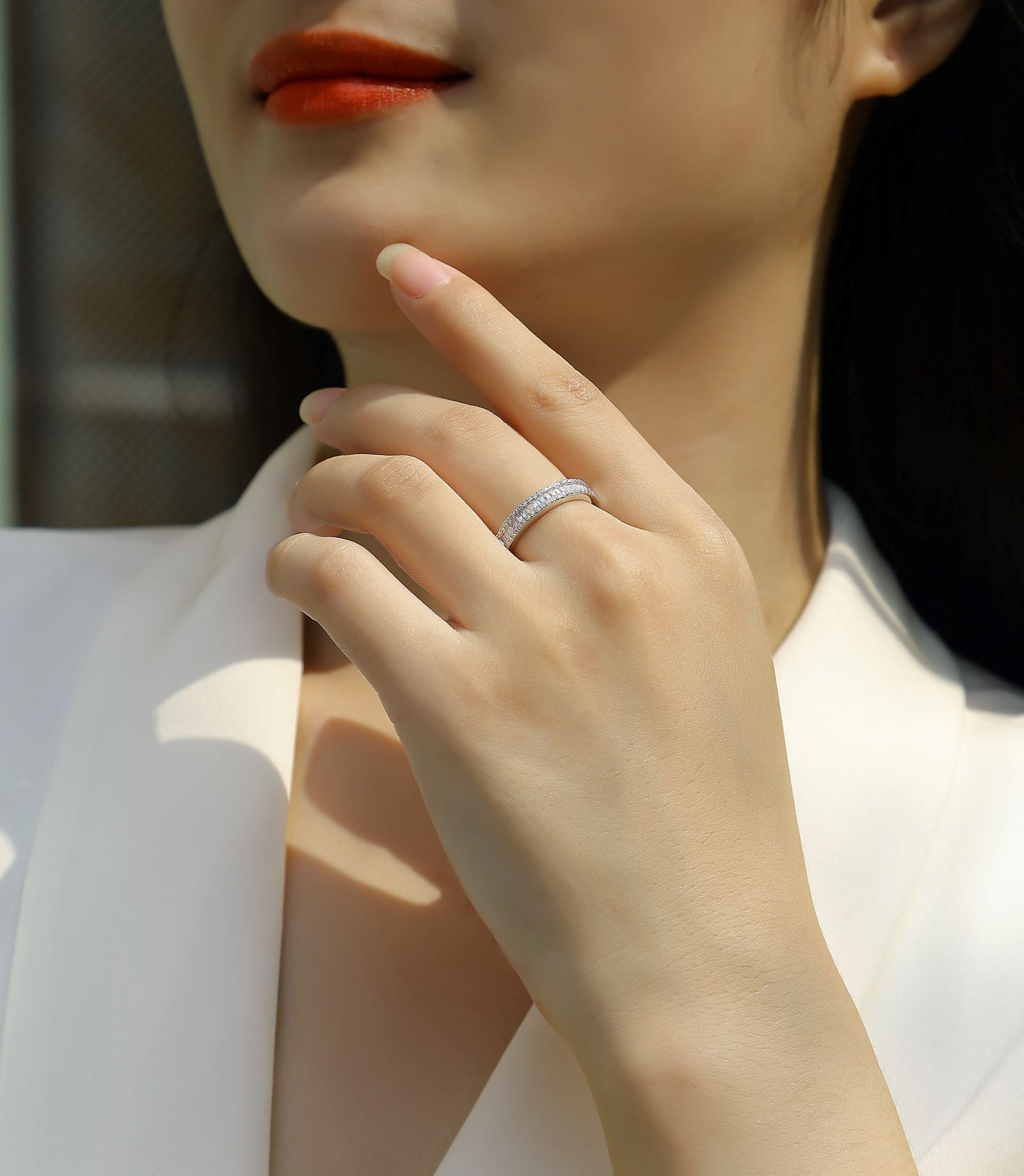 R13129-P Three-Layer Moissanite Band Ring – Elegant T-Cut & Round Diamonds Design